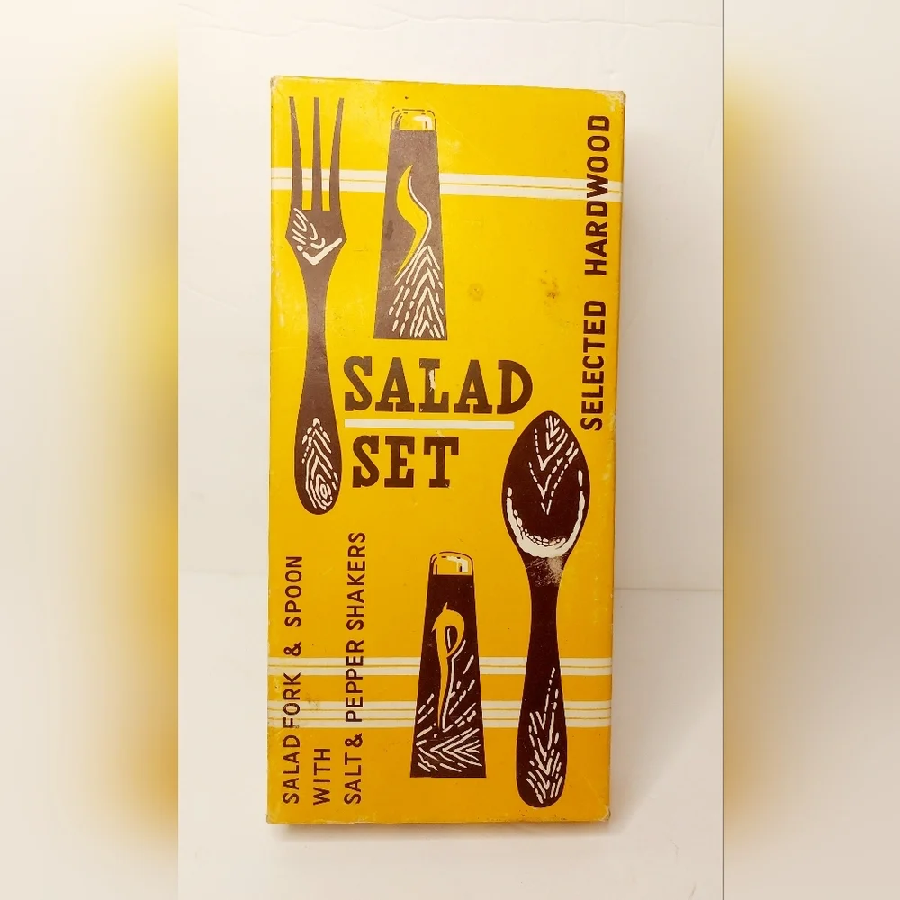 Vintage Mid Century Wood Salad Serving Set w/ Salt & Pepper Shakers Floral Ceram